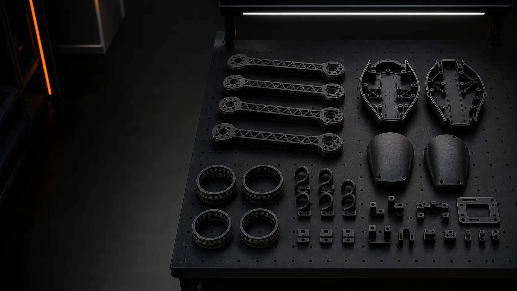 Engineering-grade polymer drone components arranged on a precision fixture.